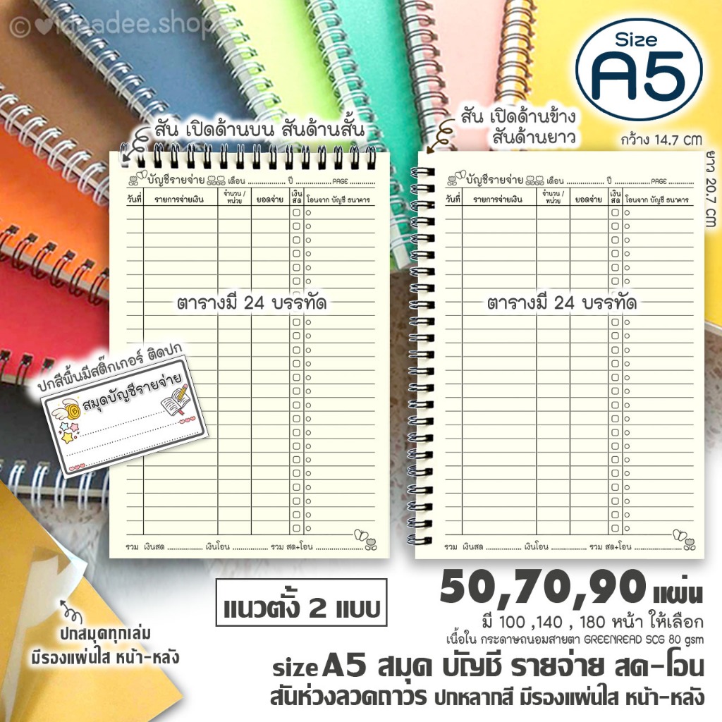 💥NEW💲สมุด จด รายจ่าย อย่างเดียว💲 A5(เล่มเล็ก) 50,80,120แผ่น แนวตั้ง ริมสันห่วง สันเปิด2 แบบให้เลือก🌈ปกหลากสี+มีรองแผ่นใส