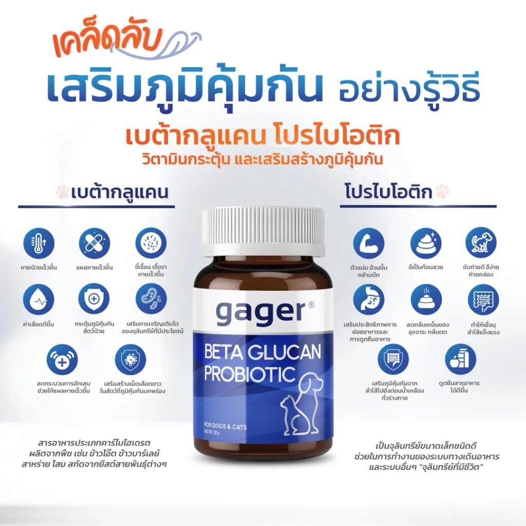 Gager (กาเจอร์) วิตามินหมา วิตามินแมว ผงเบต้ากลูแคน+โปรไบโอติค2in1 เสริมสร้างภูมิคุ้มกัน กลิ่นไก่ผสมตับ  (มีตัวเลือก) thumbnail 4