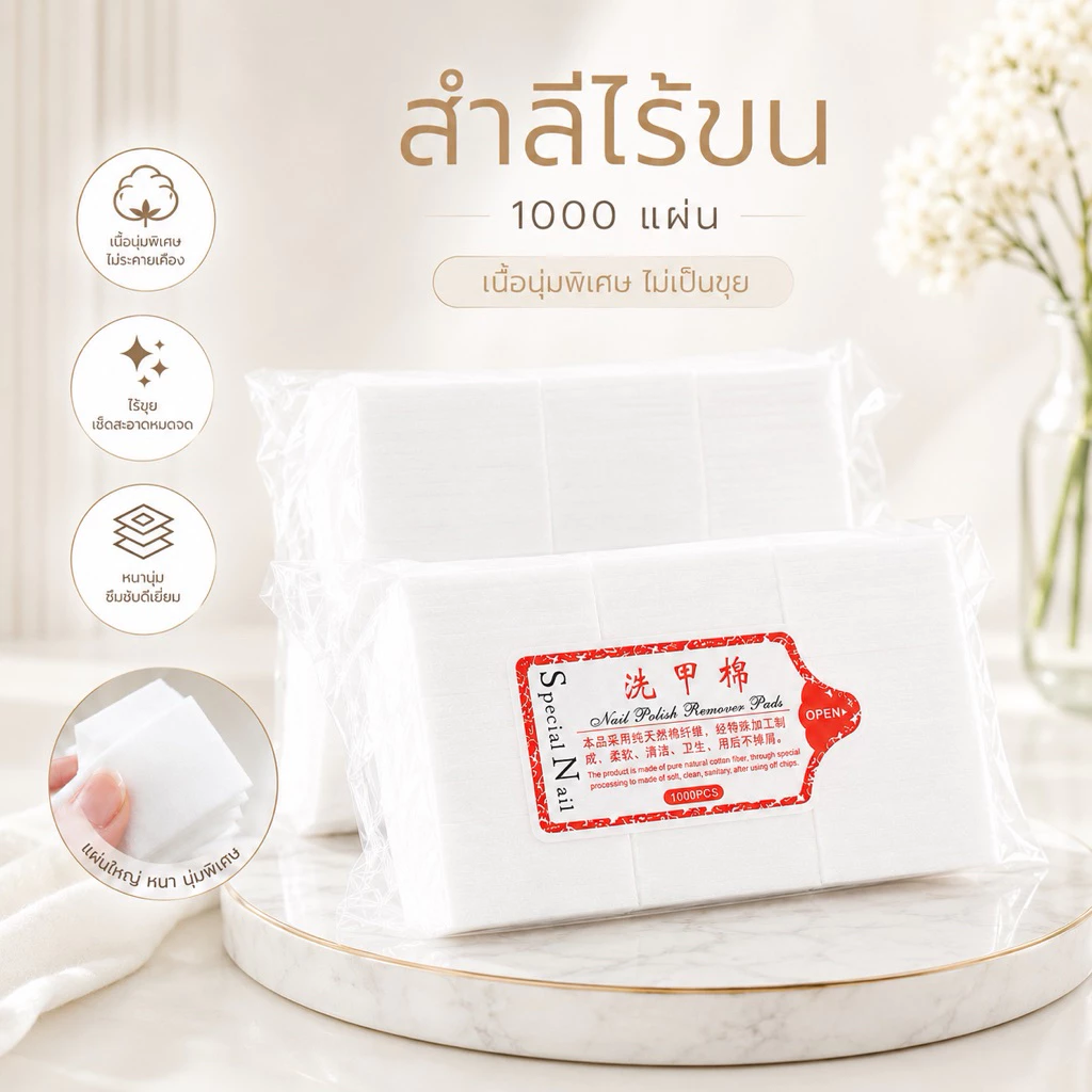 1000 แผ่น สำลีไร้ขนห่อใหญ่สำหรับทำเล็บ สำลีเล็บ สำลีเช็ดเล็บ สำลีสำหรับร้านทำเล็บ แบบห่อใหญ่รุ่นหนา