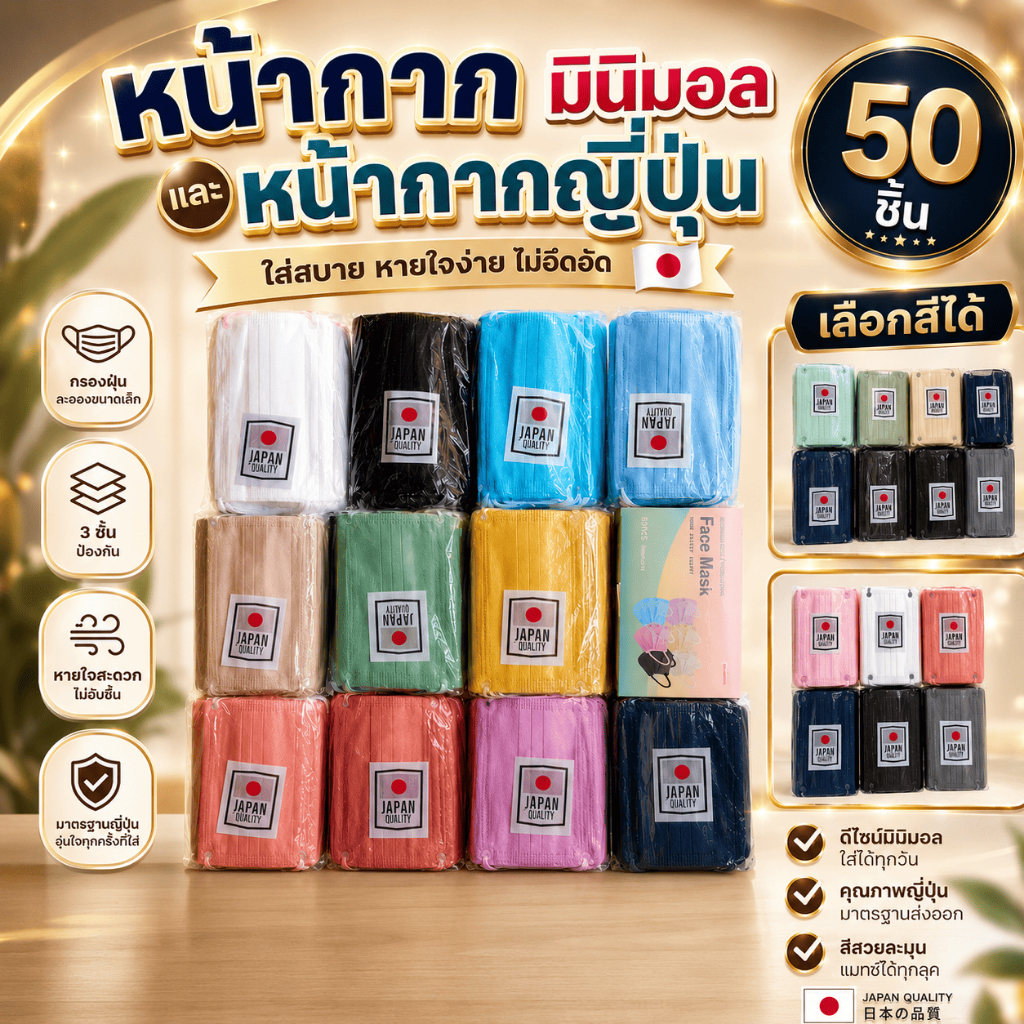 แมสมินิมอลหูดำ และ หูสองสี กล่องละ 50 ชิ้น (งานดี)
