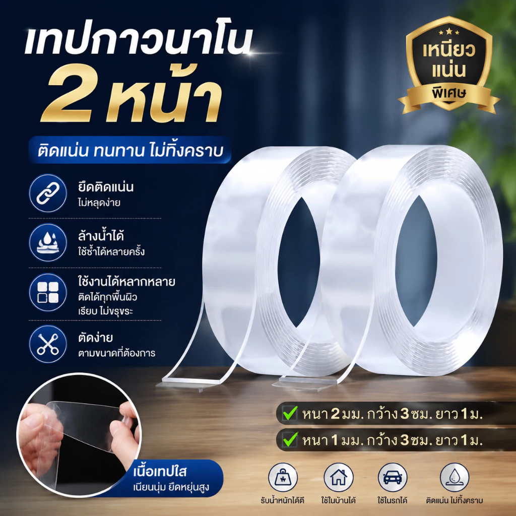 ส่งด่วน หน้า2mm./1mm. เทปกาวสองหน้า เทปกาวสองหน้านาโน เทปกาวนาโน