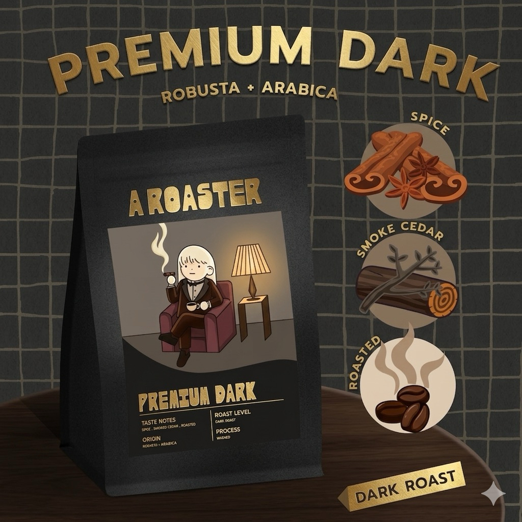 PREMIUM DARK เมล็ดกาแฟคั่วเข้ม Robusta Arabica หอมเข้มนุ่ม A ROASTER