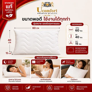UCOMFORT หมอนยางพาราปั่น100% ใบใหญ่ หุ้มปลอกด้วยผ้าขนนก
