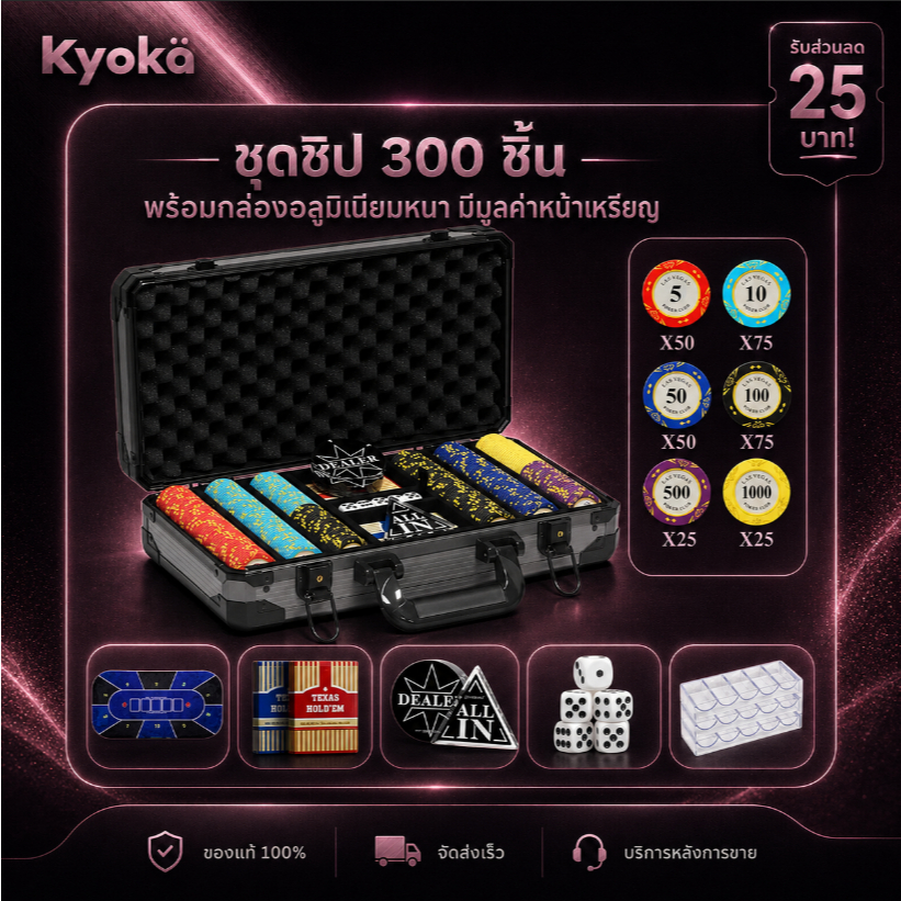 ชุดชิปเกมบนโต๊ะ 300/400/500 ชิ้น พร้อมกล่องอะลูมิเนียมหนา แถมผ้าปูโต๊ะ อุปกรณ์ครบชุด