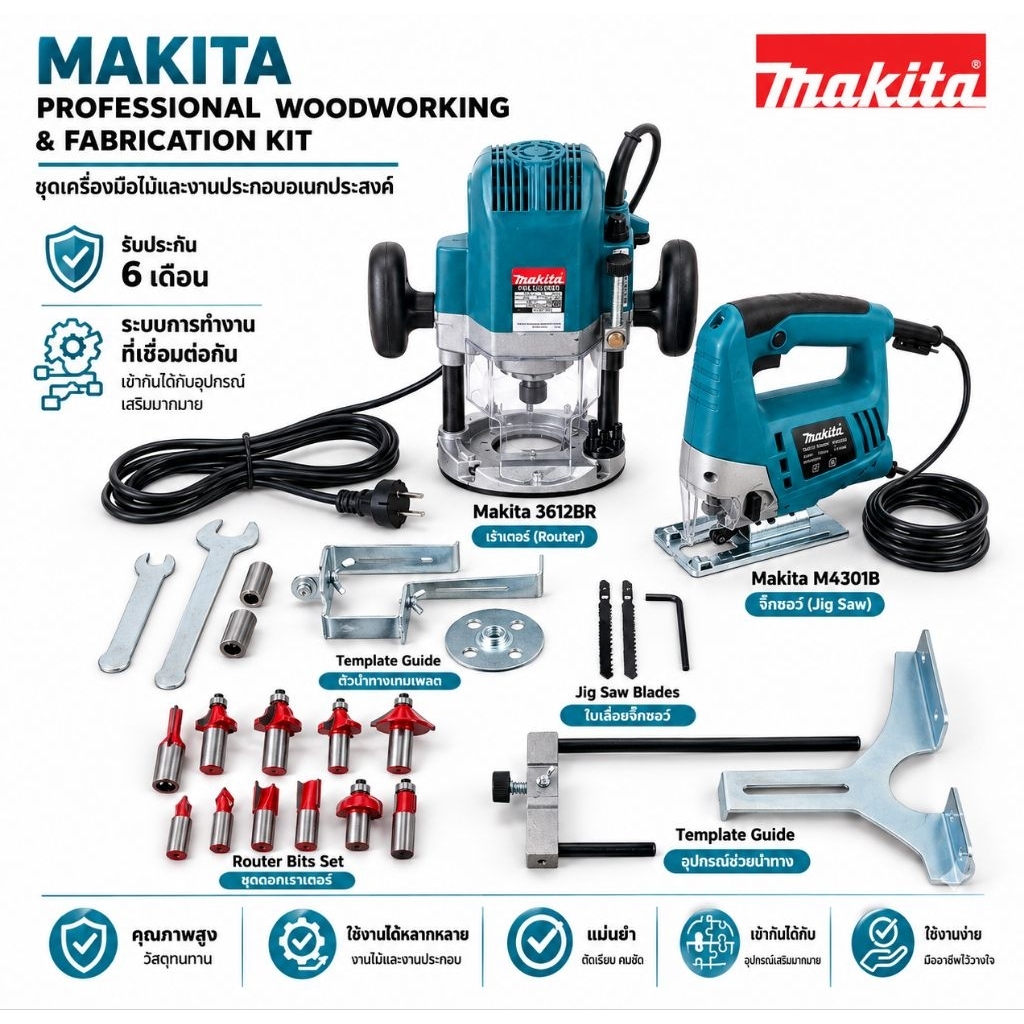 Makita ชุดเครื่องเร้าเตอร์และจิ๊กซอว์ 2 ชิ้น รุ่น RT0702C & 4329 ชุด เลื่อยจิ๊กซอพร้อมเร้าเตอร์เชาะร