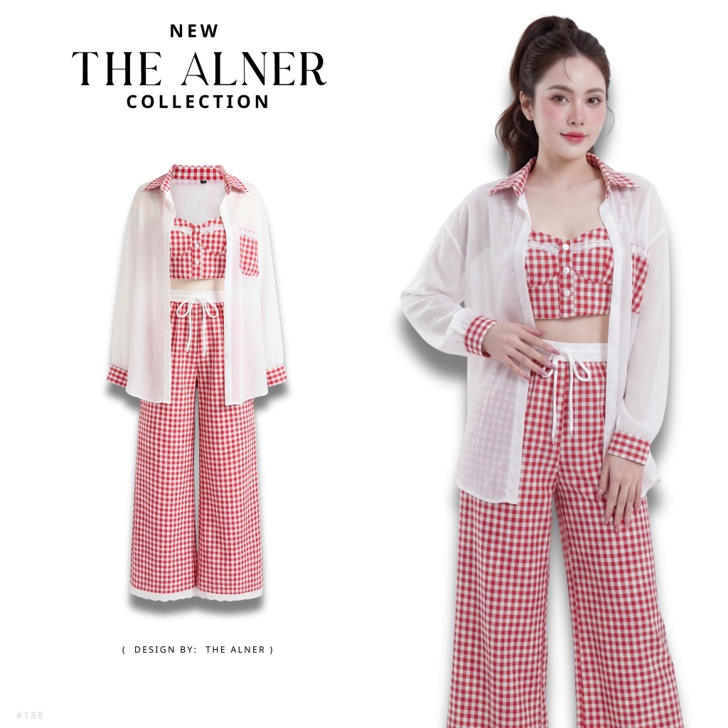 Thealner-AN188 (เซตเสื้อ3ชิ้นแดงลายตารางกางเกงขายาว)