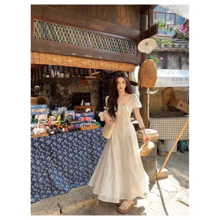 (พร้อมส่ง) Excellent creamy dress ชุดเดรสแขนตุ๊กตา ผ้าปักฉลุดอกไม้