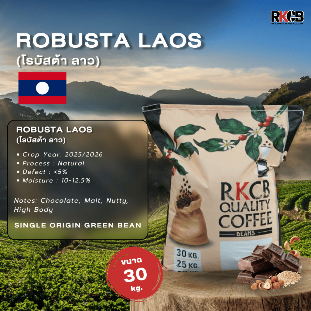 สารกาแฟโรบัสต้า ลาว Robusta Laos บรรจุ 25 Kg - 30 Kg. RK.Coffeebean.[พร้อมส่ง]