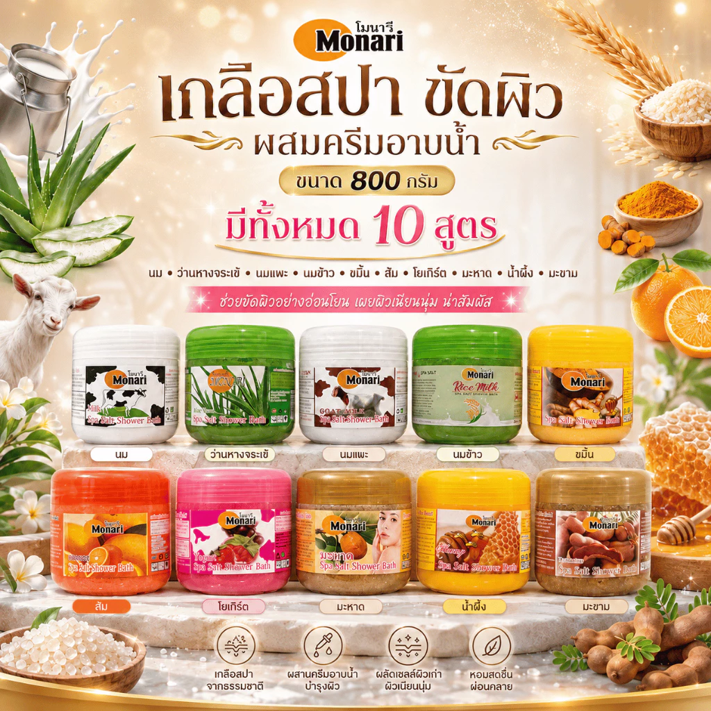 Monari เกลือสปาขัดผิว ผสมครีมอาบน้ำ 800g สครับผิวหอม ผิวดูเนียนนุ่ม