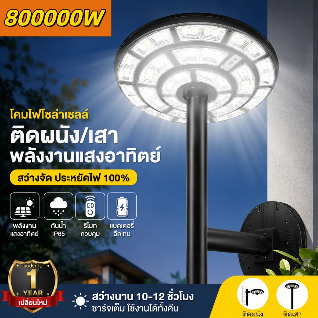 ไฟโซล่าเซลล์ UFOไฟถนน Solar Light ไฟถนนยูเอฟโอ 800000W ไฟถนนLED โซล่าเซลล์ ไฟแสงอาทิตย์ IP67 แสงสีขาว โคมไฟถนน