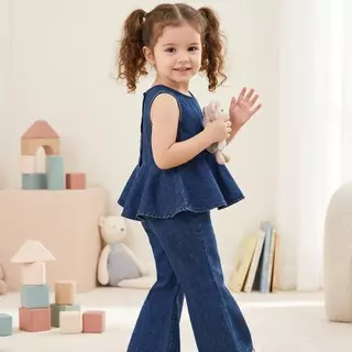 Hania kids พร้อมส่ง ชุดเซ็ตยีนส์เด็กผู้หญิงทรงระบาย + กางเกงขาบาน - K5125705