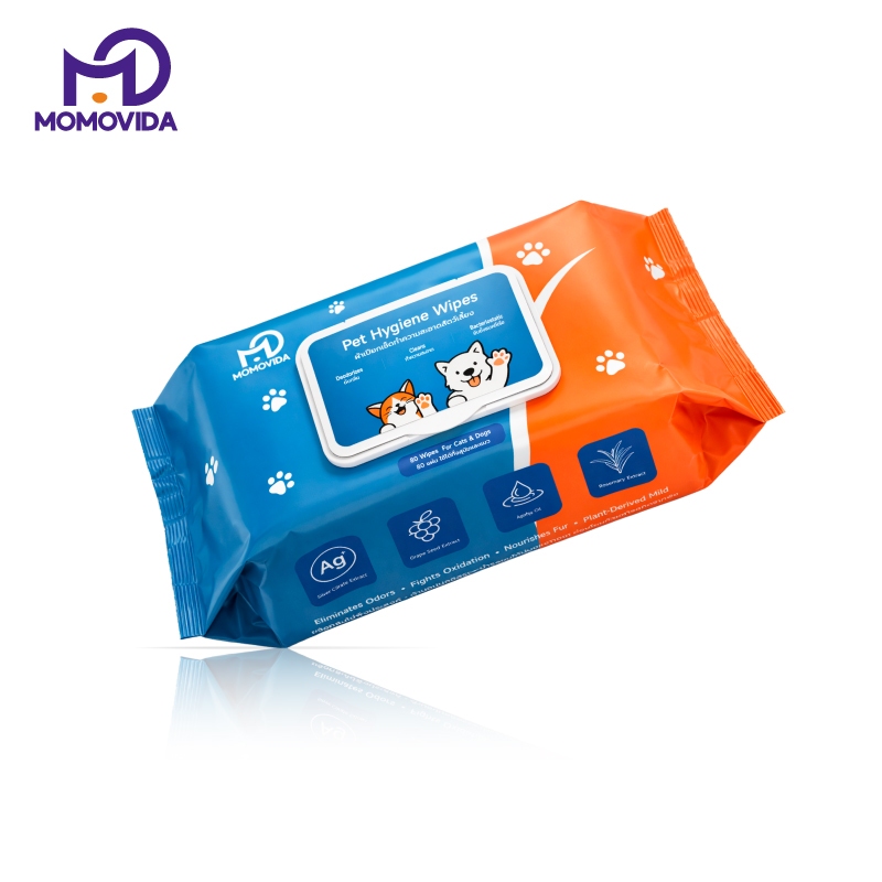 MOMOVIDA Pet Wipes ผ้าเปียกเช็ดทำความสะอาดสัตว์เลี้ยง ทิชชู่เปียก สูตรอ่อนโยน ไม่ระคายเคือง ยับยั้งแบคทีเรีย 80 แผ่น