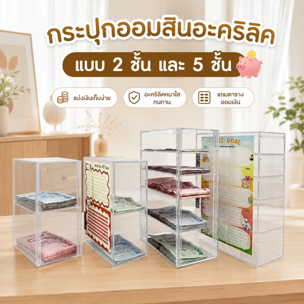 กระปุกออมสินอะคริลิคใส แบบ 2 และ 5 ชั้น หนา 3 mm ทนทาน พร้อมตารางออมเงิน หยอดแบงค์ได้ทุกขนาด