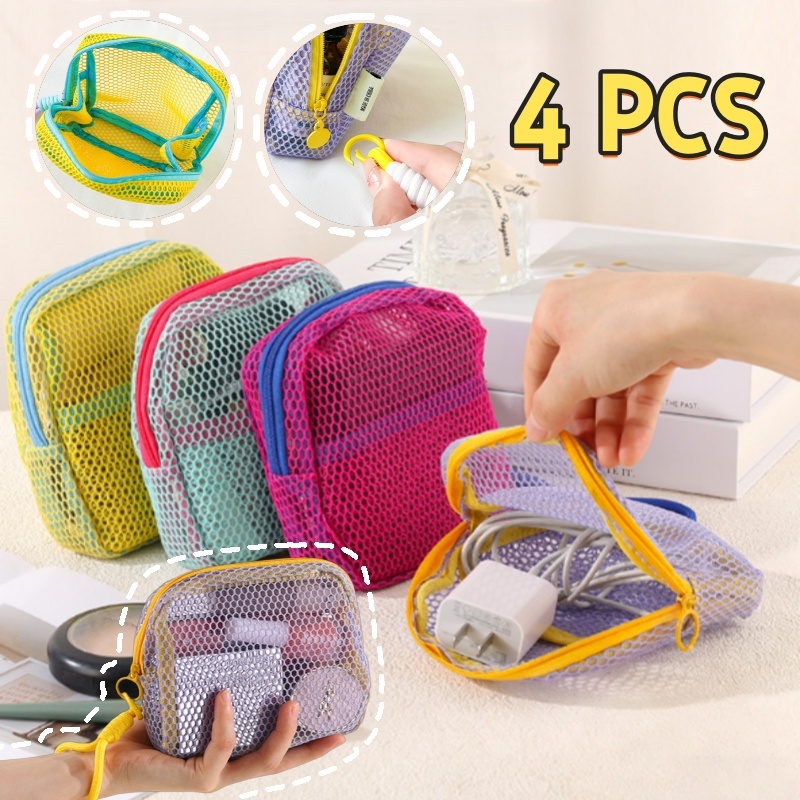 4 PCS กระเป๋าเครื่องสำอางค์ เล็ก ถุง ซิป ตาข่าย พร้อมหูหิ้ว แบบพกพา กระเป๋า ใส่ เหรียญ สี โด ปา