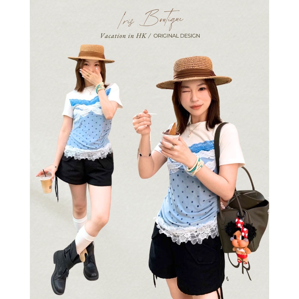 Vacation in HK |Original Design IRIS BOUTIQUE ISYT56 Lace Patchwork Plaid Slim Top in Blueเสื้อเข้ารูปลายสก็อตแต่งลูกไม้