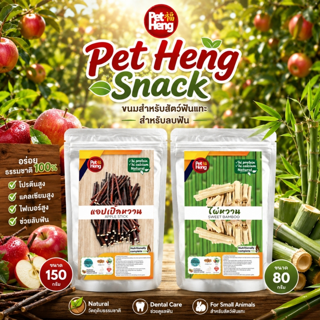 Pet Heng Snack ไม้ลับฟันสัตว์เลี้ยง แอปเปิ้ลหวาน/ไผ่หวาน ธรรมชาติ 100% ช่วยลดฟันยาว แก้เบื่อ สำหรับกระต่าย หนู