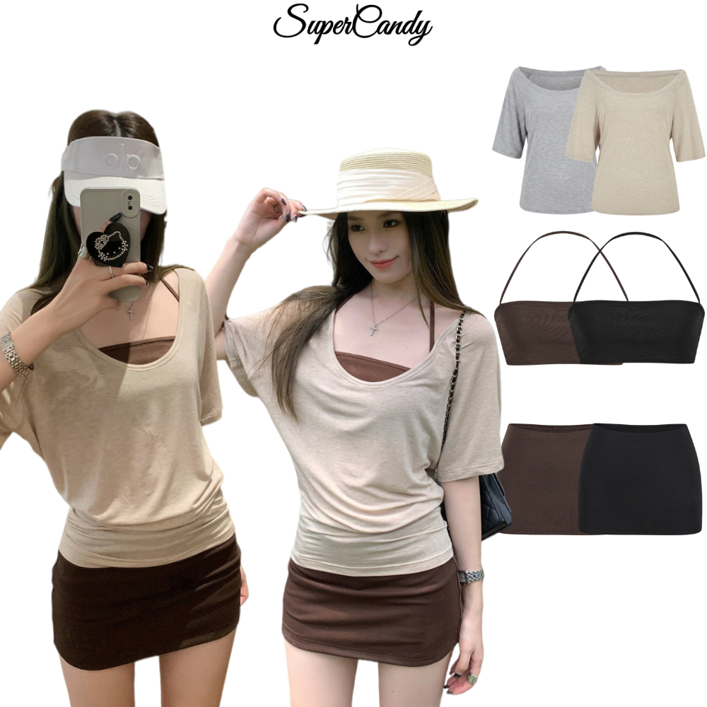 SuperCandy🌷เสื้อยืดคอวีแขนสั้นผู้หญิงสไตล์ฤดูร้อนใหม่ เสื้อกั๊กคอฮอลเตอร์แขนห้าส่วน ชุดสามชิ้น