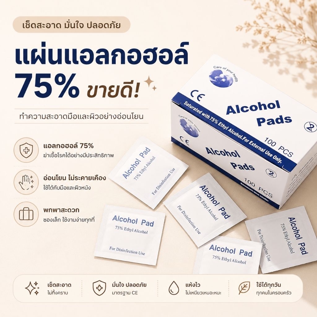จัดส่งทันที ♡ Alcohol pads แอลกอฮอล์ 75%  แบบซอง 100 ชิ้น 3x6 cm.