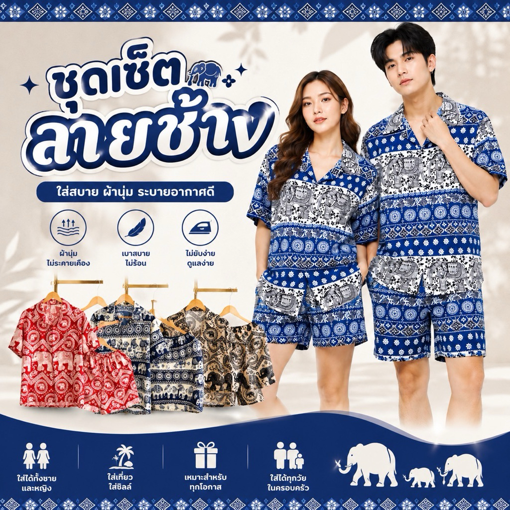 เสื้อฮาวาย+กางเกงขาสั้น เซ็ตมารุ ลายช้าง ผ้าไหมอิตาลี งานไทย