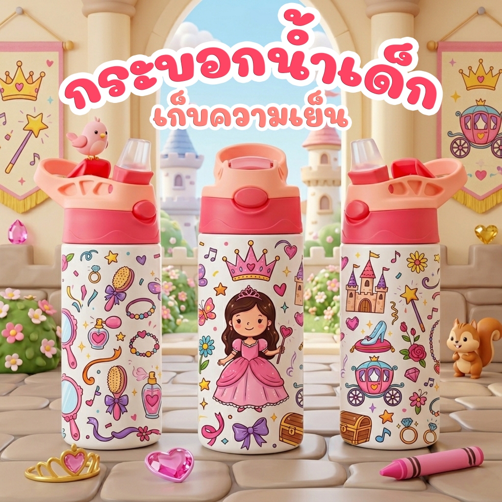 กระบอกเก็บความเย็น แก้วเก็บความเย็น 360 ml. สกรีนลายรอบใบ เกรด 304 ขวดน้ำเด็กก็บอุณหภูมิ ไม่เป็นสนิม