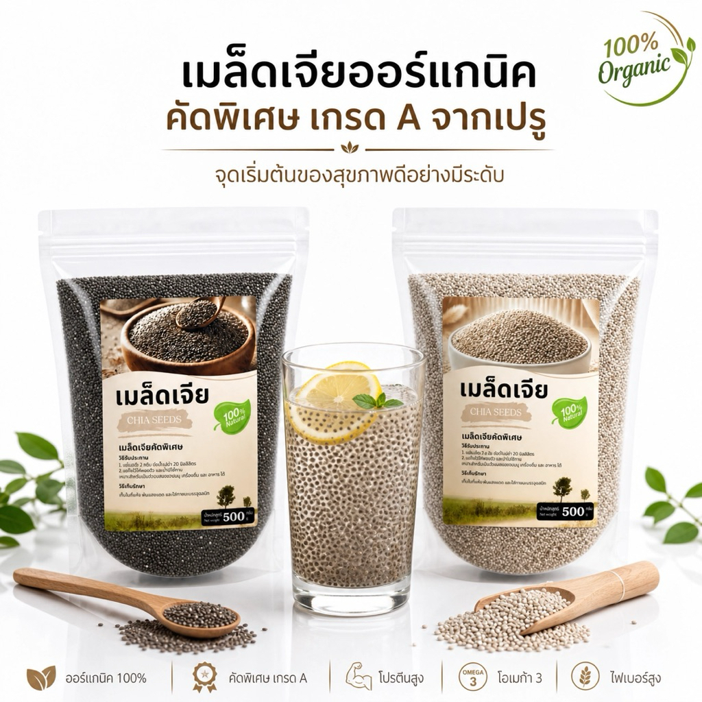 เมล็ดเจียออร์แกนิค 100% Chia Seeds เกรด A ไฟเบอร์ โอเมก้า3 โปรตีน เมล็ดเจียดำ เมล็ดเจียขาว