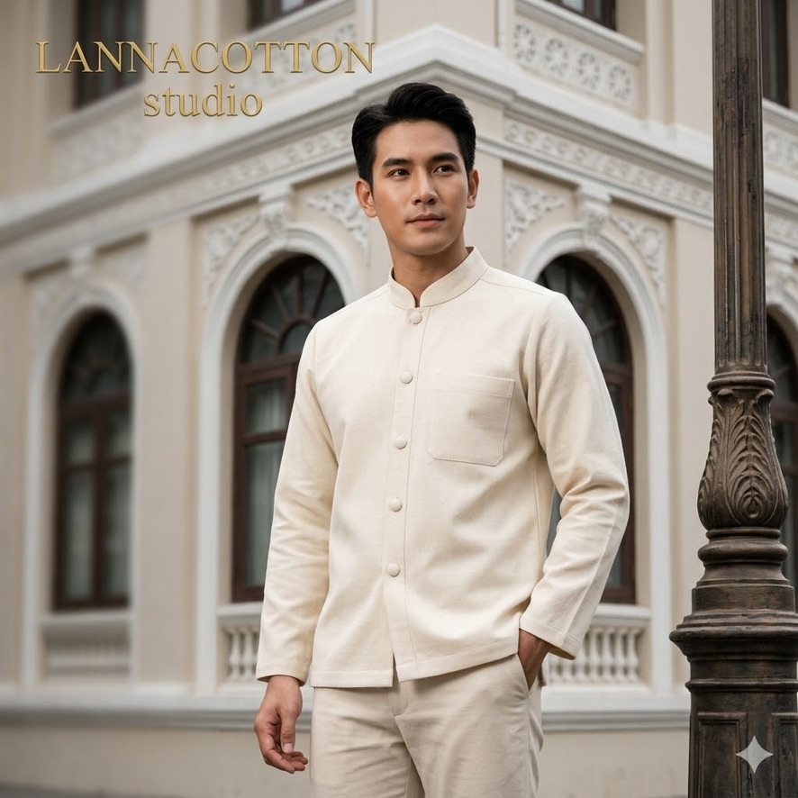 เสื้อชายผ้าฝ้ายทอลายเยื่อไผ่  เนื้อนุ่มใส่สบาย คอจีนกลม ผ่าหน้า กระดุมปั้ม แขนยาว