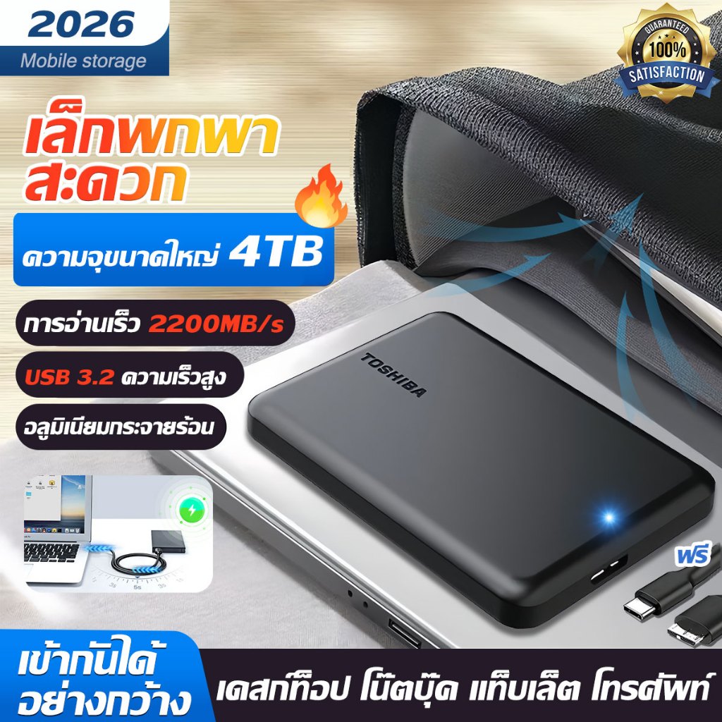 [รับประกัน 5 ปี] HardDisk 2200MB/s 4TB HDD USB3.2 เสียบปลั๊ก พร้อมใช้งาน ฮาร์ดดิสก์แบบพกพา HighSpeed HardDisk External