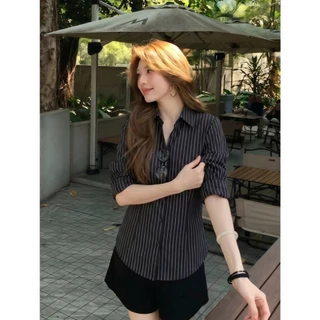 cherryshop พร้อมส่ง เสื้อเชิ้ตแขนยาวลายทางสำหรับผู้หญิงแบบสง่างามและมีสไตล์ มีปกและกระดุมหลังเอวยางยืด ทรงสวย