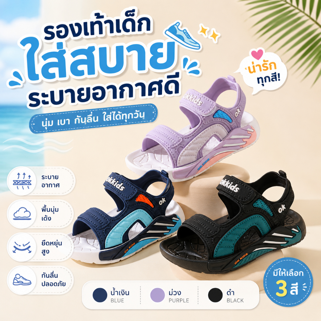 รองเท้าแตะเด็ก รองเท้ารัดส้นเด็ก กันลื่น ระบายอากาศ ใส่สบาย น้ำหนักเบา