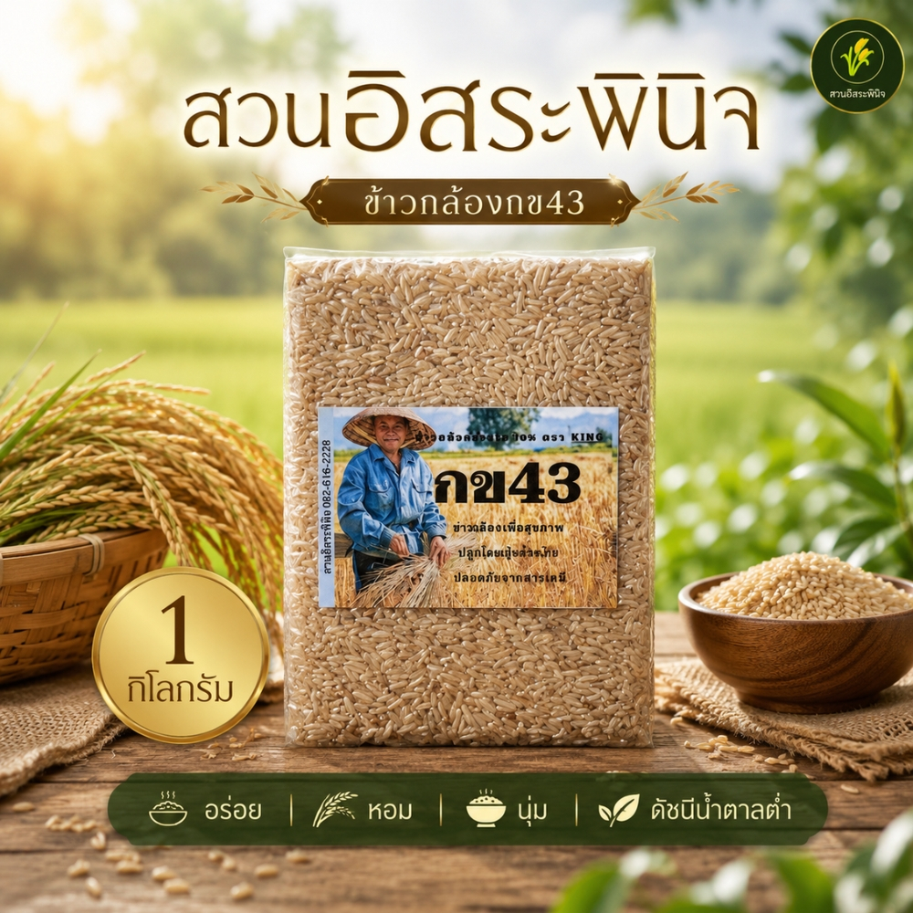 ข้าวกล้อง กข43 ปลอดสาร น้ำตาลต่ำ ขนาด 1 กิโลกรัม ถุงสูญญากาศ ตรา สวนอิสระพินิจ
