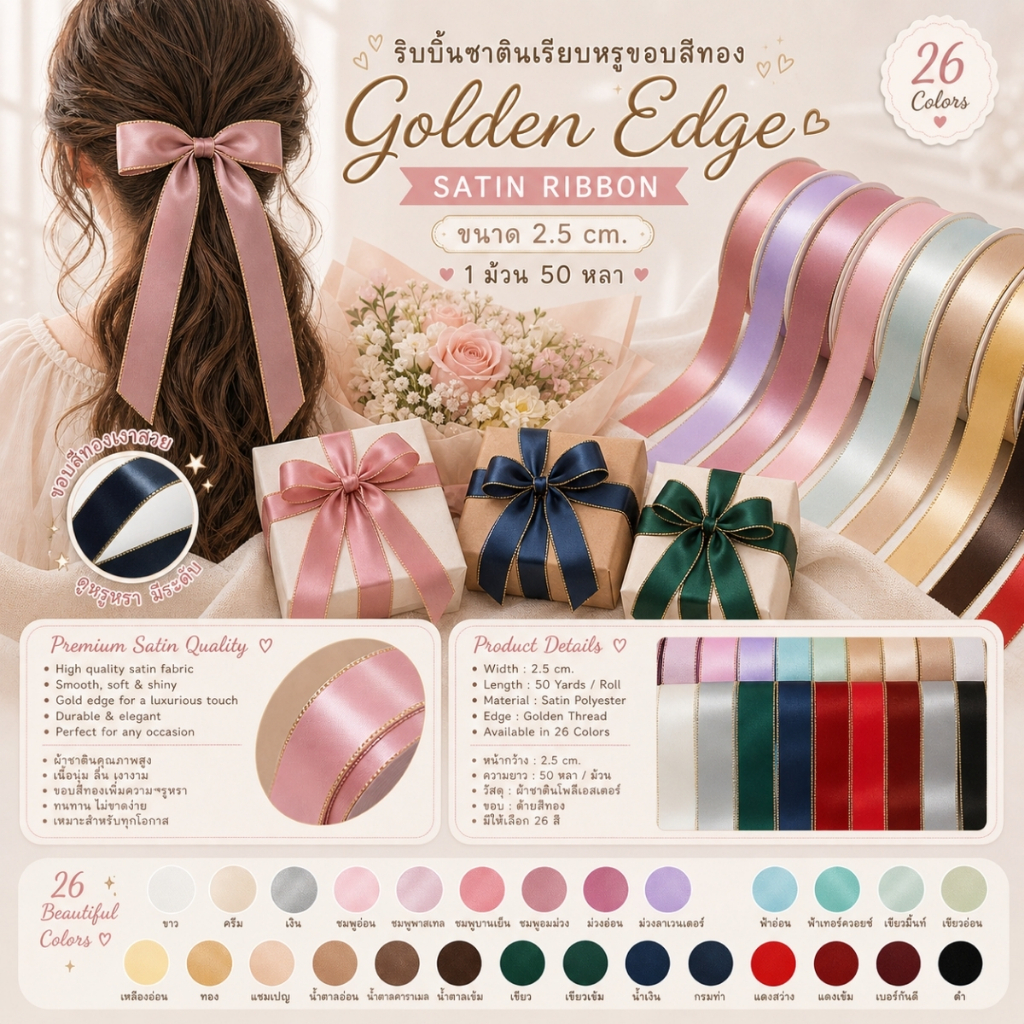 1 ม้วน【50 หลา】* ริบบิ้นซาตินขอบทอง 2.5 ซม. “Golden Edge” – เรียบหรู ดูอบอุ่น สไตล์มินิมอล ผูกของขวัญ ผูกผม[RBR-0064]