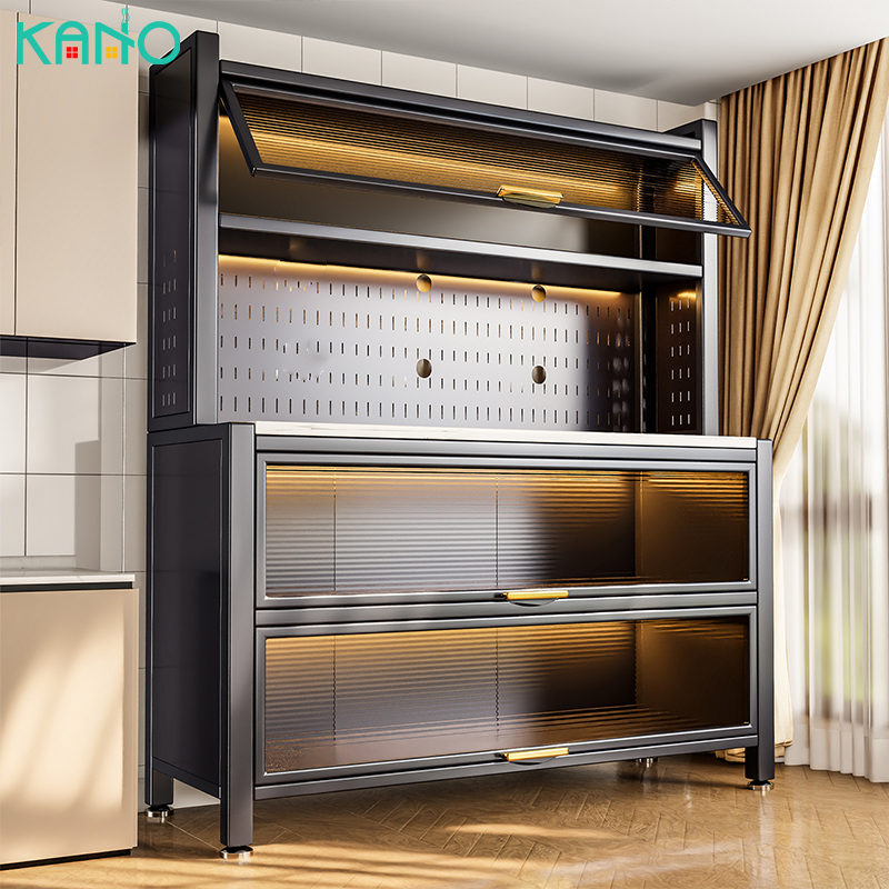 KANO ตู้กับข้าวห้องครัว ดีไซน์กันฝุ่น ตู้เก็บของใน 5ชั้น ตู้เก็บของในครัว ชั้นวางของในครัวมีล้อ ชั้นวางไมโครเวฟ