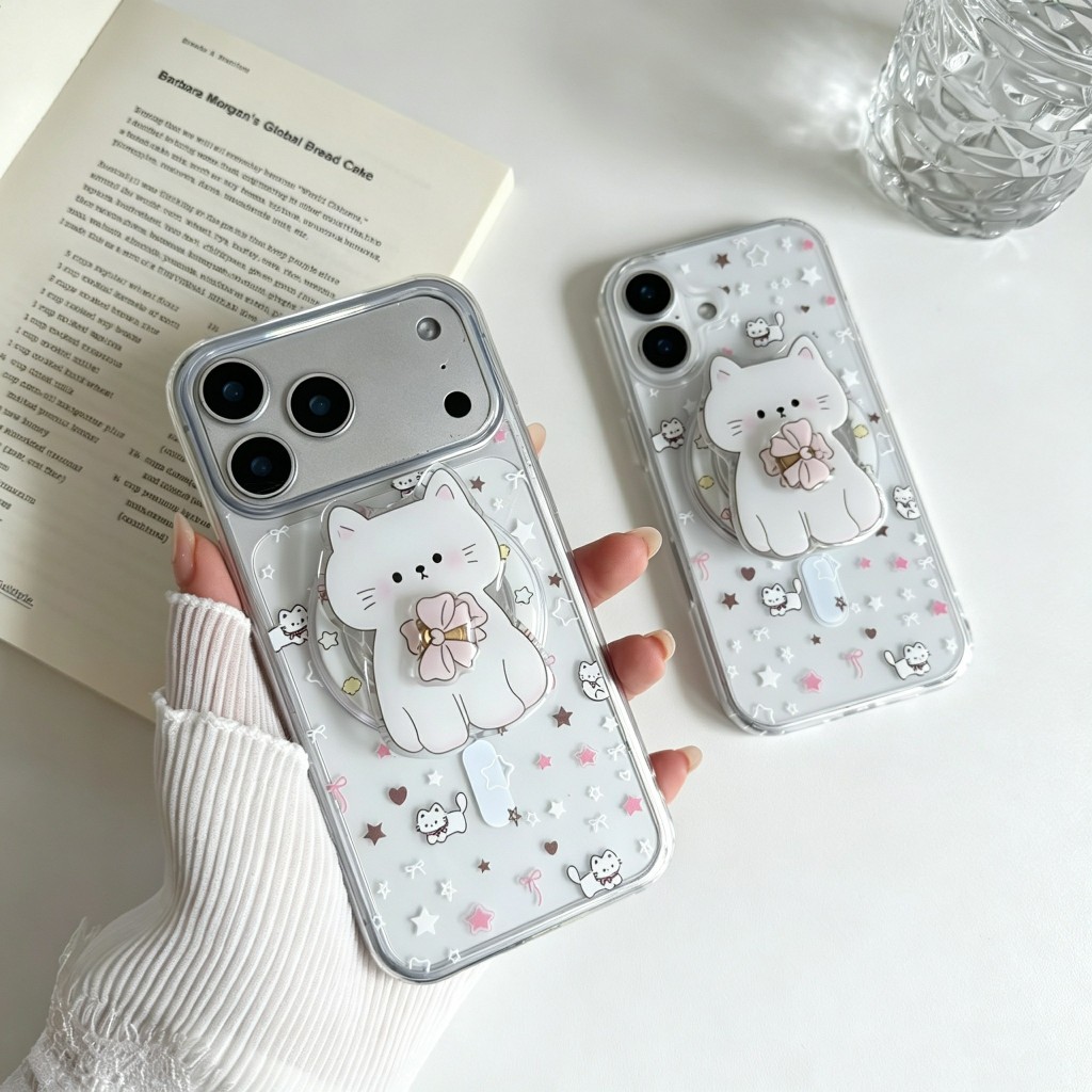 เคสใสชาร์จได้ลาบแมวพร้อมกิ๊บต๊อก pop up แม่เหล็ก สำหรับ for iPhone 17 pro max 16 pro max 15 pro max 14 pro max 13 12 11