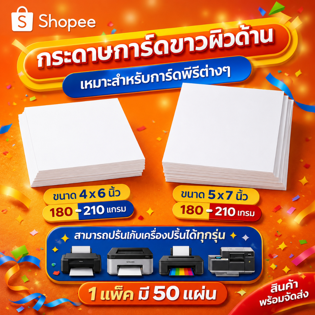 กระดาษพิมพ์การ์ด กระดาษการ์ดขาวด้าน (1 แพ็ค/50แผ่น) ขนาด 4x6 , 5x7 นิ้ว หนา 180 , 210 แกรม