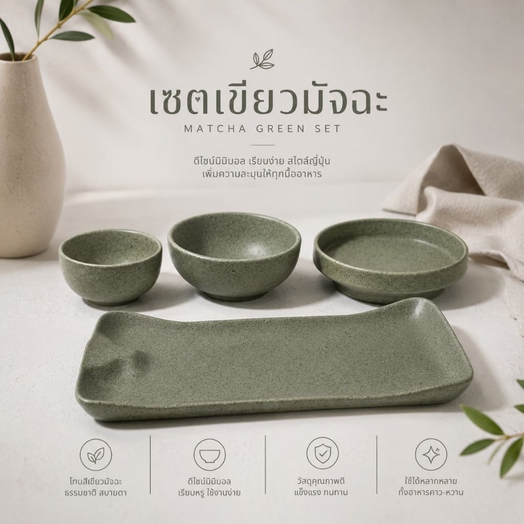 จานชามโทนสีเขียวมัจฉะ ถ้วยน้ำจิ้ม ถ้วยชุป จานตื้นกลม จานยาว