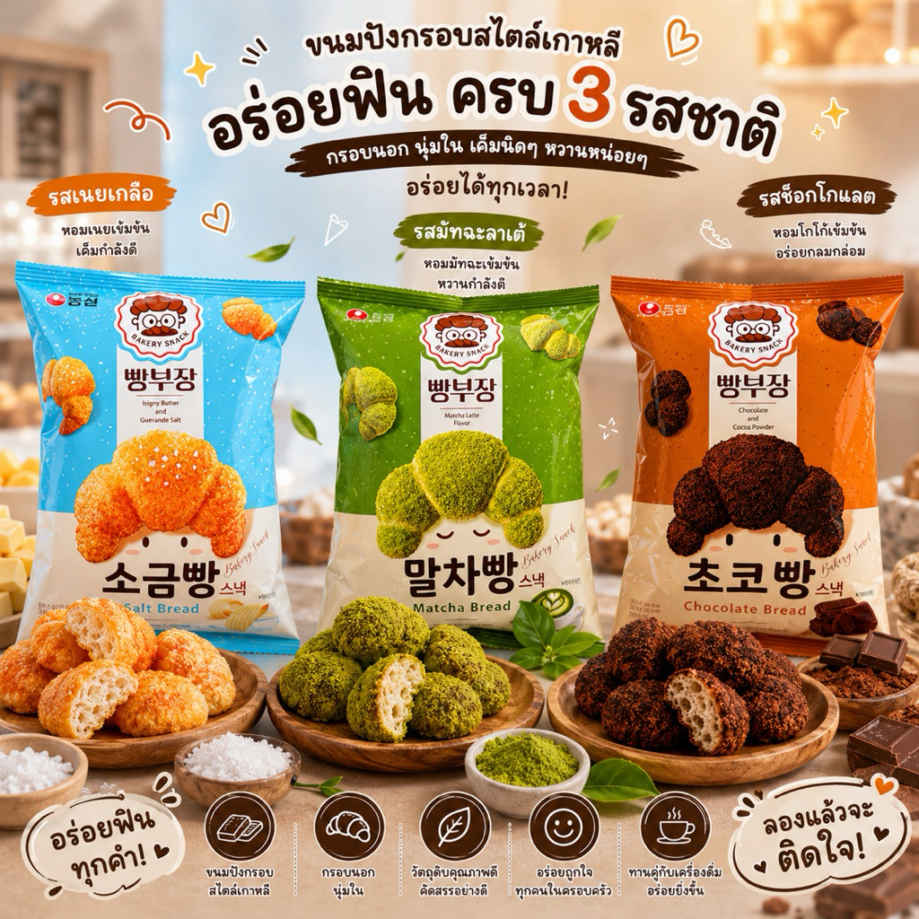 ขนมปังอบกรอบ ครัวซองมินิ ขนมสุดฮิตจากเกาหลี 3 รสชาติ รสชาติอร่อย ขนมสุดฮิตจากเกาหลี