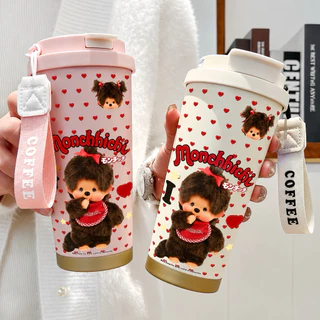 แก้วน้ำสแตนเลสMonchhichi 530ml. กระบอกน้ำเก็บอุณหภูมิพร้อมสายคล้อง กระติกน้ำหลอดเด้ง ลายมอนชิชิ กระติกน้ำสแตนเลสแก้วกาแฟ