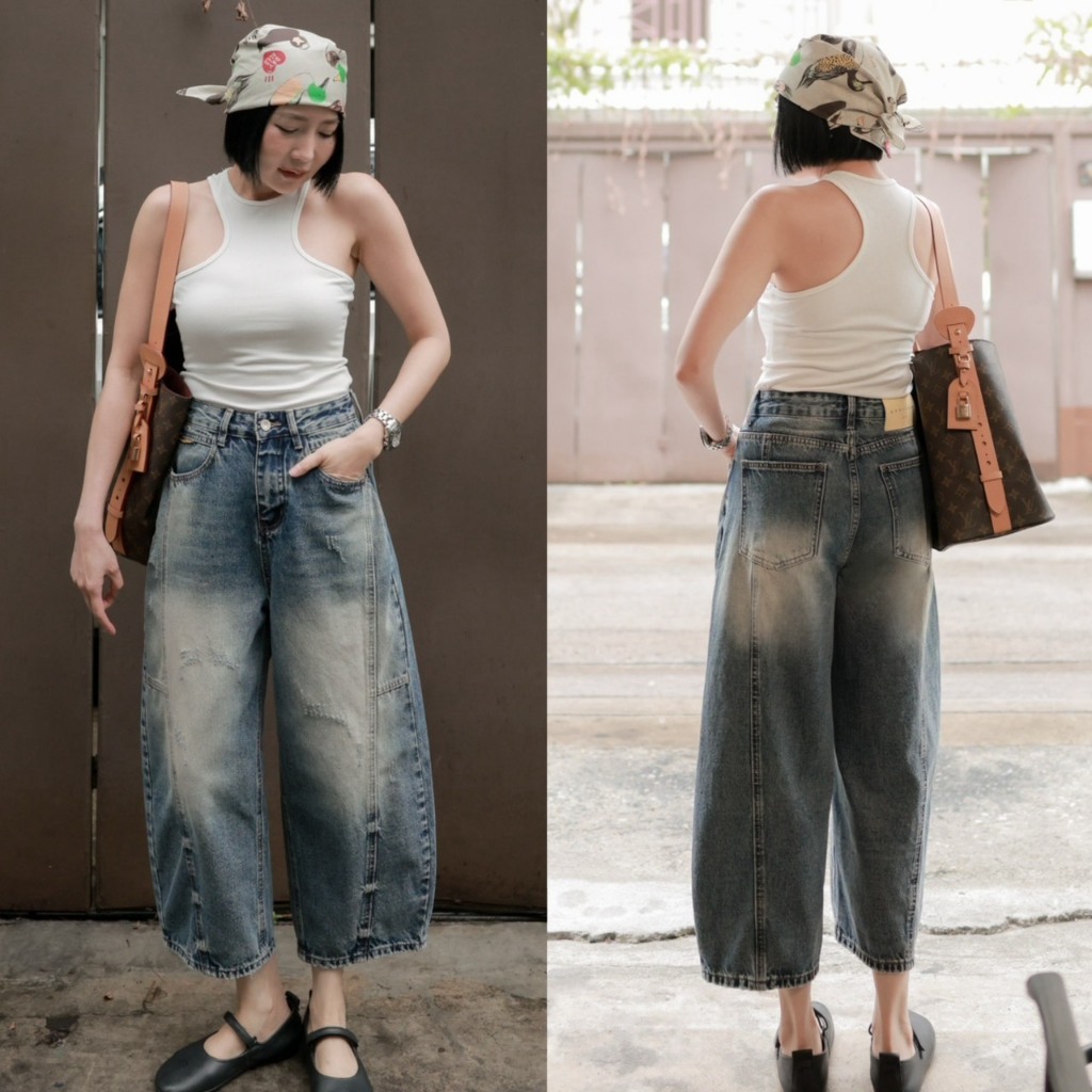 (พร้อมส่ง) Midi Mom Jeans กางเกงยีนส์ทรงมัม 8 ส่วน - 77536