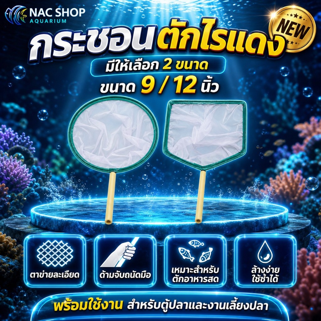 กระชอนตาถี่ ขนาด 9.5 และ 12 นิ้ว แบบเหลี่ยม  สำหรับตักไรแดง วัสดุแข็งแรง ทนทาน ใช้งานได้หลายแบบ