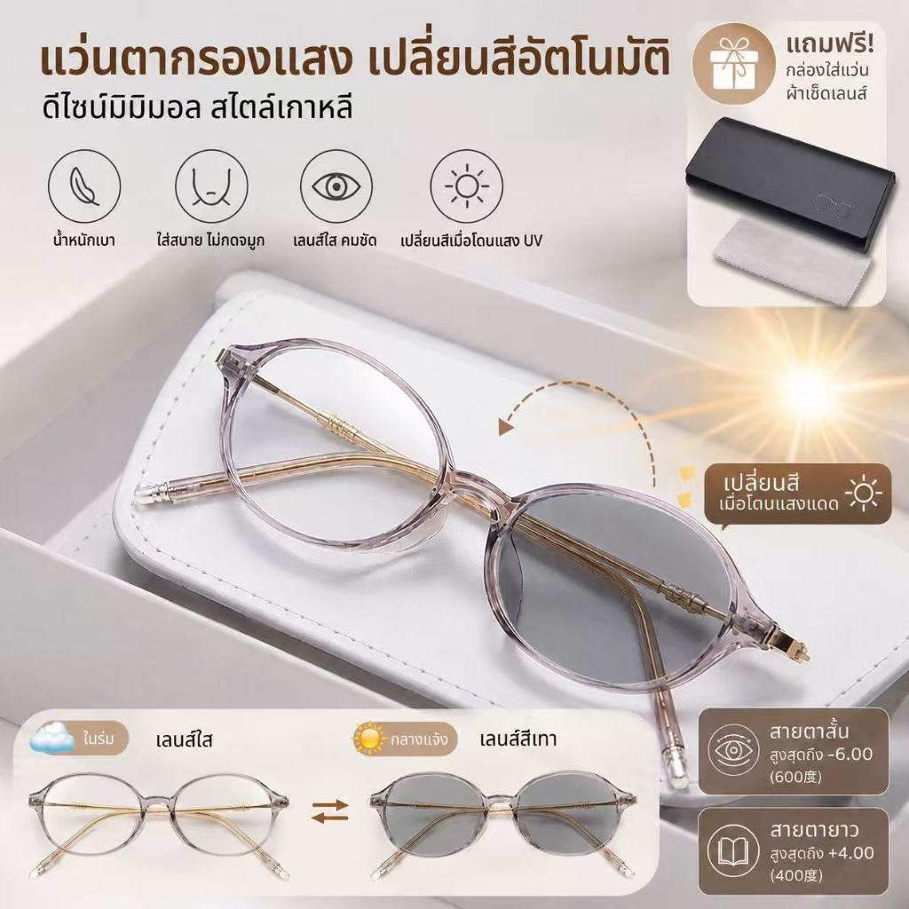 แว่นตาสายตาสั้น/สายตายาว แว่น ตา เท่ๆ เลนส์ออโต้เปลี่ยนสี กันUV400 ทรงกลมวินเทจ แถมกล่อง+ผ้าเช็ด