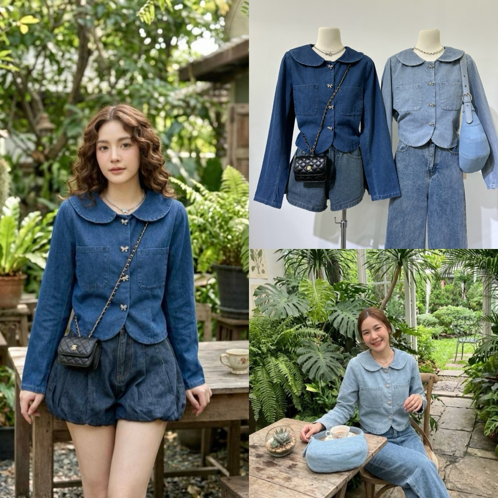 เสื้อคลุมผ้ายีนส์กระดุมรูปโบว์สไตล์น่ารัก