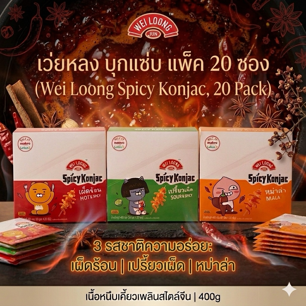 [ 1กล่อง / 20ซอง] เว่ยหลง (Wei Loong) บุกแซ่บ รสเผ็ดร้อน เปรี้ยวเผ็ด หม่าล่า ขนมบุกปรุงรสเนื้อหนึบเคี้ยวเพลิน ขนาด 400g