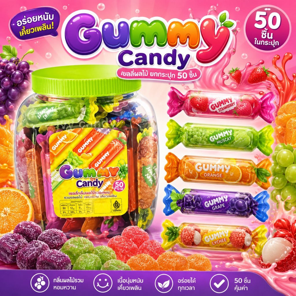 ยกกระปุก 50ชิ้น GUMMYCANDY เยลลี่กัมมี่ผลไม้ เยลลี่ผลไม้เกร็ดน้ำตาล มี5รส องุ่น/สัปปะรด/แอปเปิ้ล/ส้ม/สตอเบอรี่  อร่อยมาก