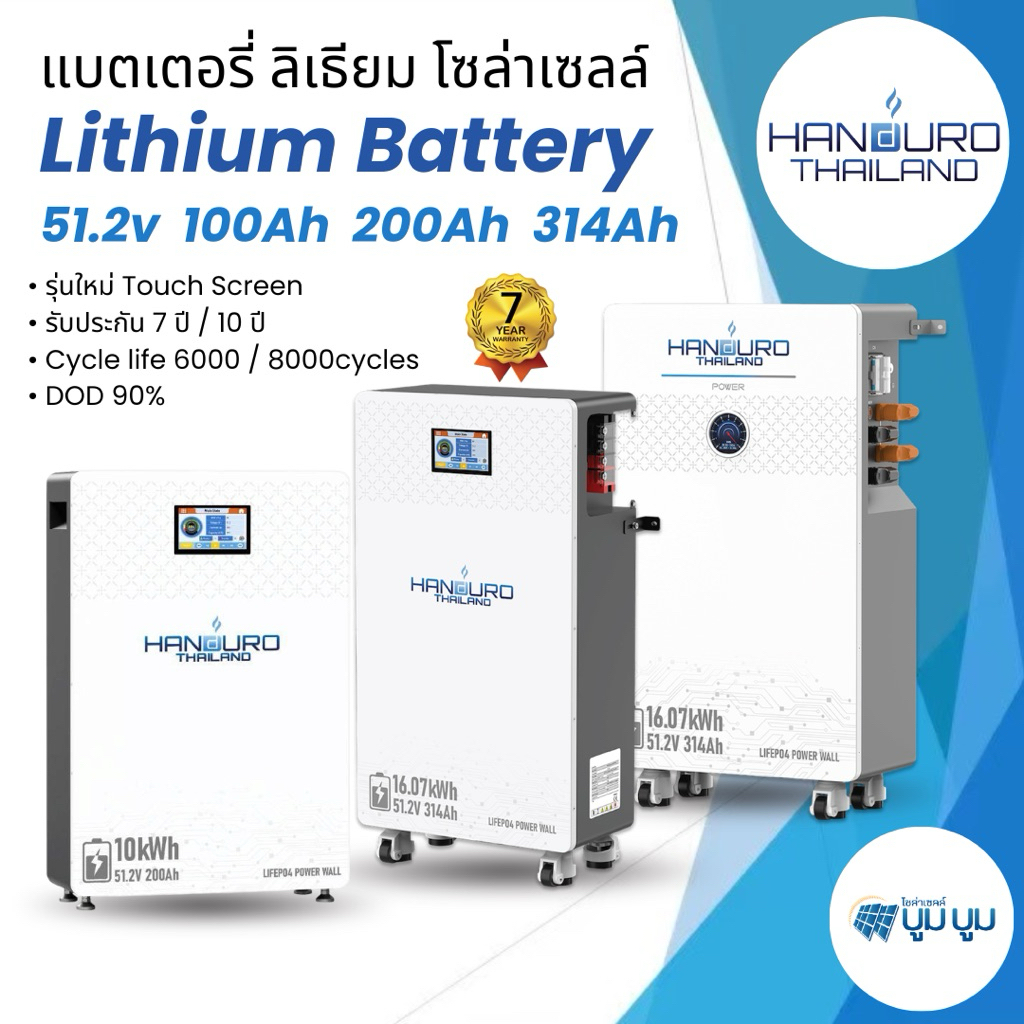 Lithium Battery ขนาด 25.6v 51.2V 100Ah 200Ah 280ah 300ah 314ah แบตเตอรี่ Handuro ประกัน 7ปี 10ปี IP6