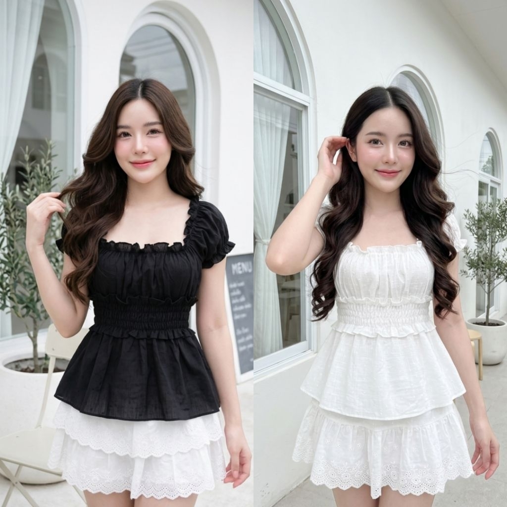 [พร้อมส่ง] เสื้อคอเหลี่ยม ใส่ปาดไหล่ได้ ตรงแขนสม็อคพองๆ แบบขนตุ๊กตา