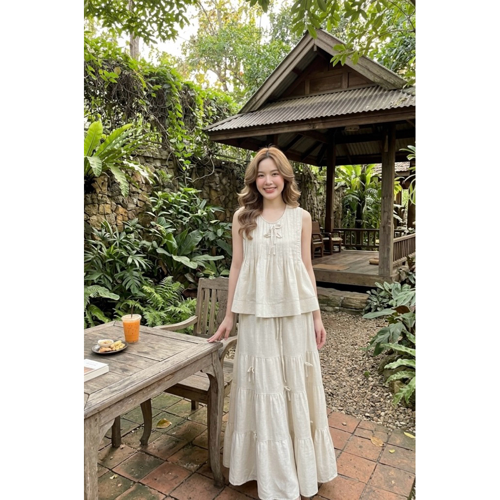 T64002เสื้อแขนกุด/กระโปรงยาวผ้าลินิน