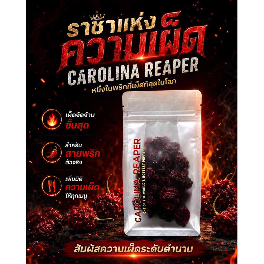 พริกอบแห้ง แคโรไลนา รีพเปอร์ ขนาด 25 กรัม (Carolina reaper Dried 25g.) พริกที่เผ็ดที่สุดในโลก