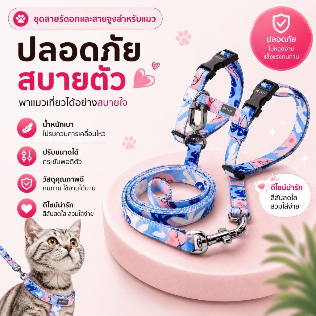 สายจูงสัตว์เลี้ยง ผ้าโพลีเอสเตอร์ สำหรับหมาและแมว ความยาว 1.2 เมตร ปรับความยาวได้