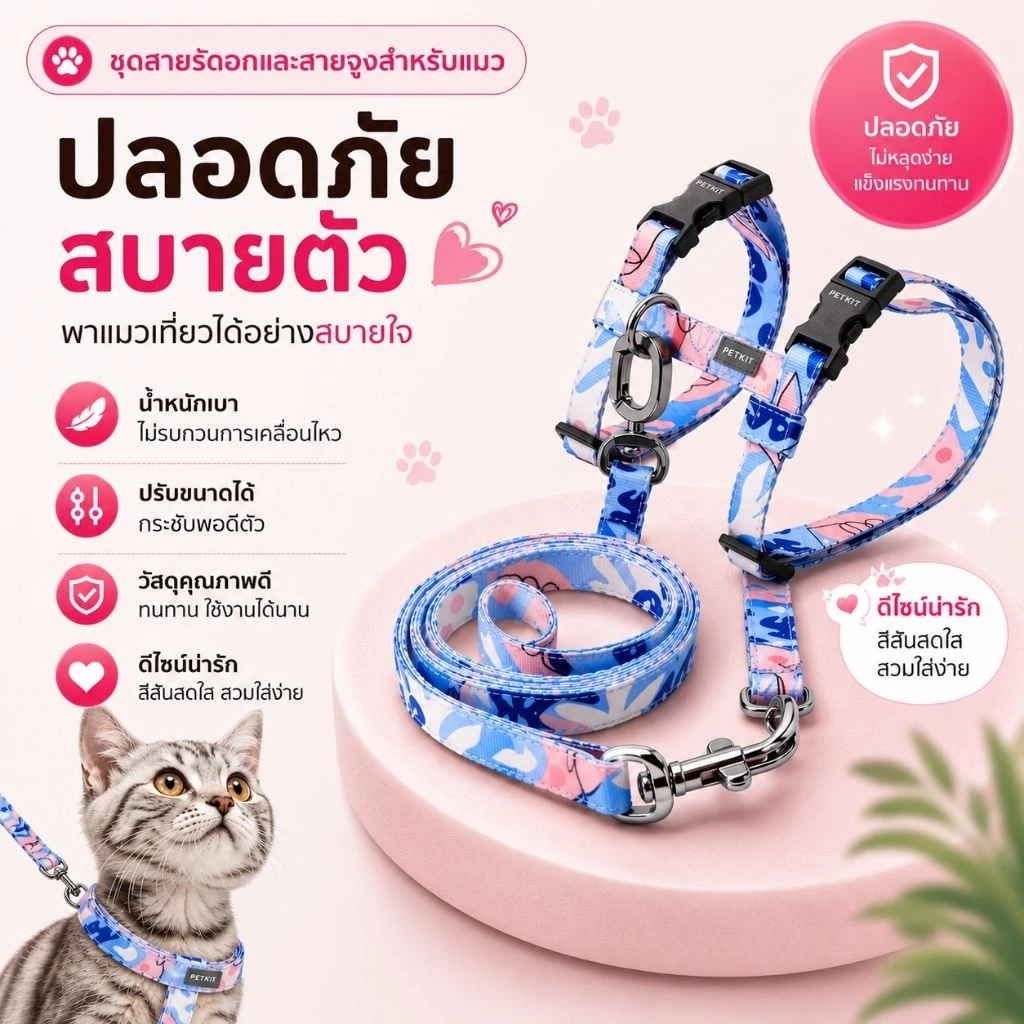 สายจูงสัตว์เลี้ยง ผ้าโพลีเอสเตอร์ สำหรับหมาและแมว ความยาว 1.2 เมตร ปรับความยาวได้