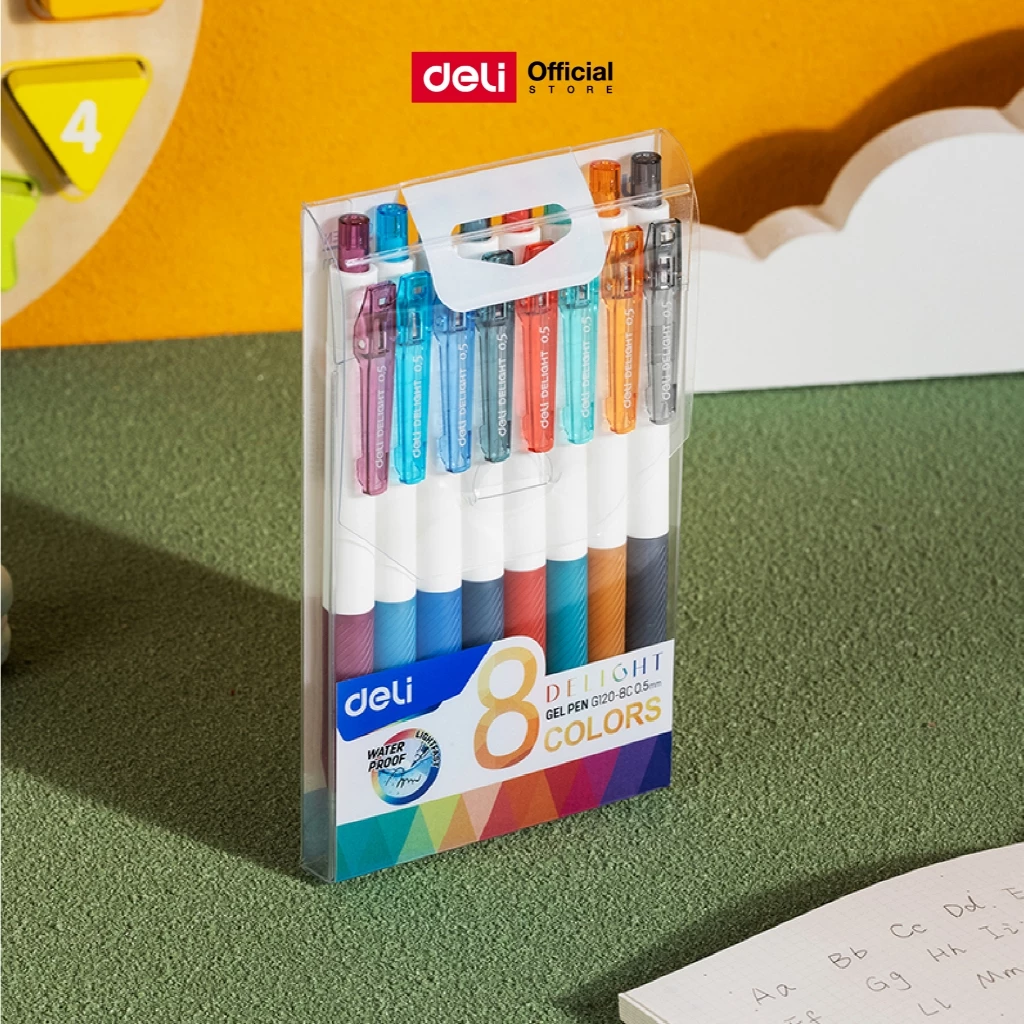 ปากกาเจลสี Deli รุ่น G120 ปากกาแบบกด ขนาดเส้น 0.5mm สีสันสดใส เขียนลื่น(8 สี/จำหน่าย 1 ชุด)